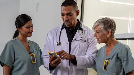 Healthcare staff using Stryker Vocera communication badges in a hospital setting